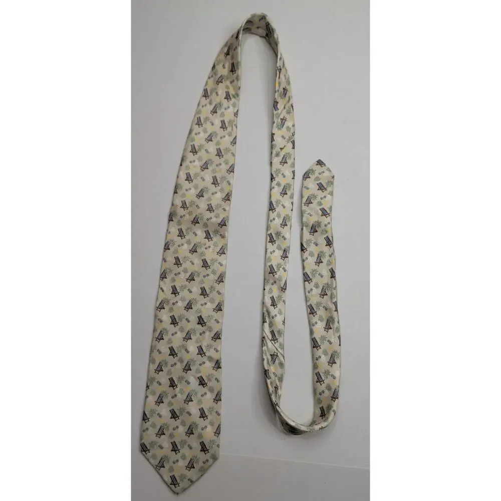 Tom James Silk Necktie Beach Deck Chairs Sea Shells Yellow Blue 60